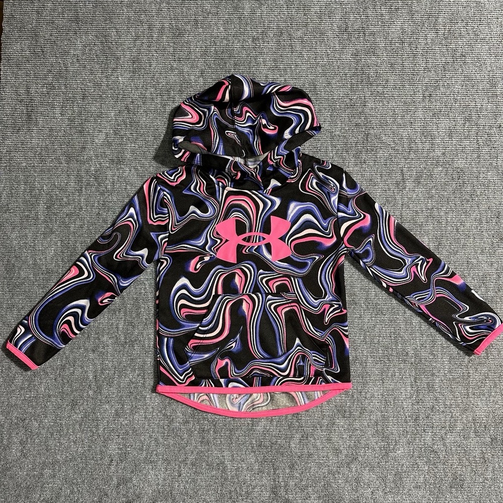 NWOT Under Armour Girls Size 4 Black Pink Blue Logo Pullover Hoodie Pockets